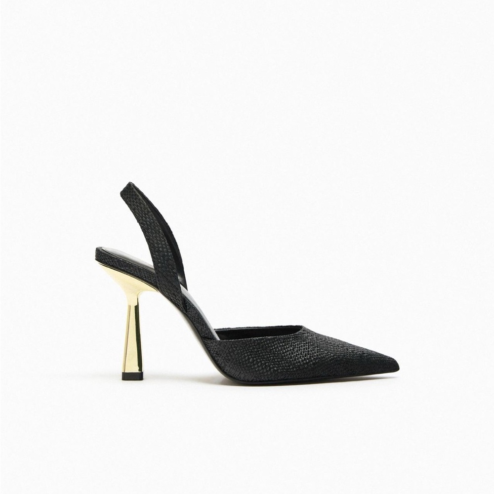 Zara Black and Gold Textured Slingback Heels